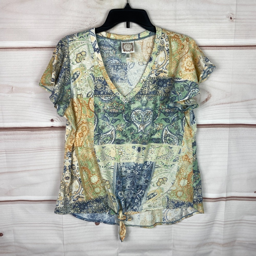 Truself Top Juniors XL Flutter Sleeve T-Shirt Paisley Tie Front V-Neck Patchwork
